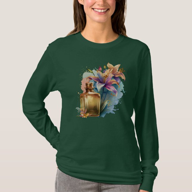 T-shirt Bouteille de parfum Floral Vert Longues Manches Fe (Devant)