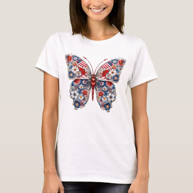 T-SHIRT BOUTEILLE ET FLEURS BLEU BLANC ROUGE PATRIOTIQUE (Devant)