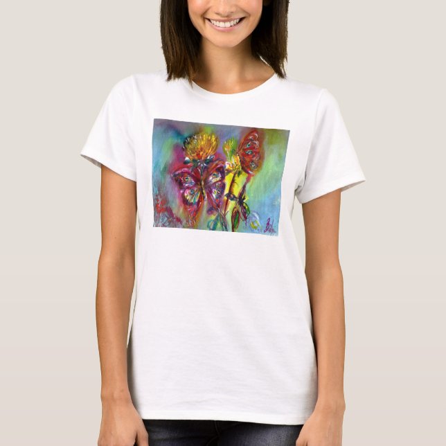 T-SHIRT BOUTEILLES ROUGES SUR THISTLES JAUNES, CIEL BLEU F (Devant)