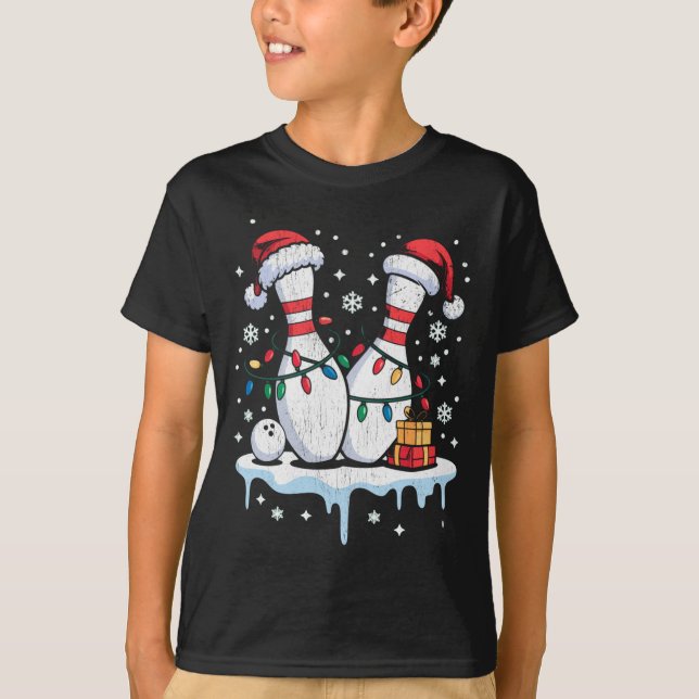 T-shirt Bowling Santa Hat Funny Christmas Long Sleeve  (Devant)