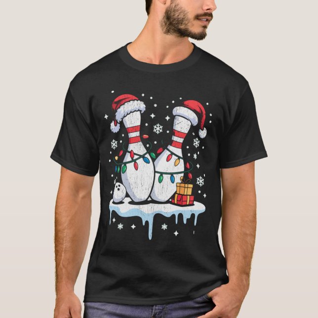 T-shirt Bowling Santa Hat Funny Christmas Long Sleeve  (Devant)