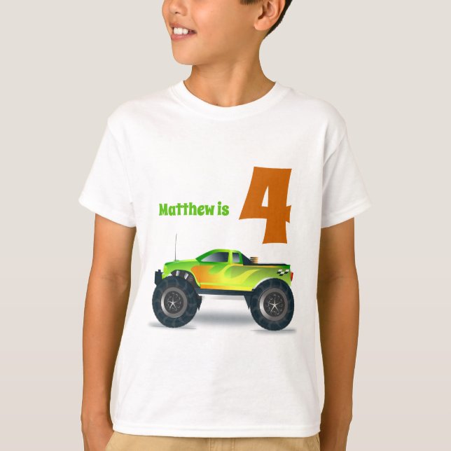 T-shirt Boys 4th Birthday MONSTER TRUCK Ajouter un nom (Devant)