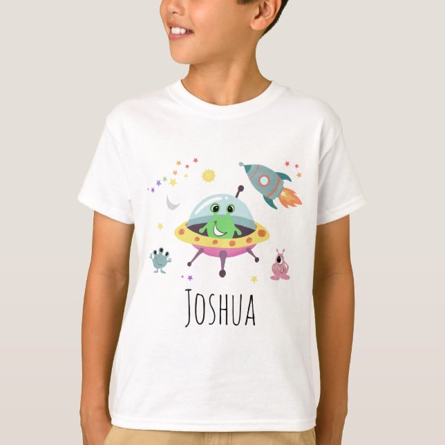 T-shirt Boys Space Alien Cartoon Rocket Bateau et nom (Devant)