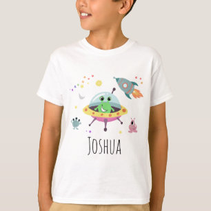T-shirt Boys Space Alien Cartoon Rocket Ship and Name