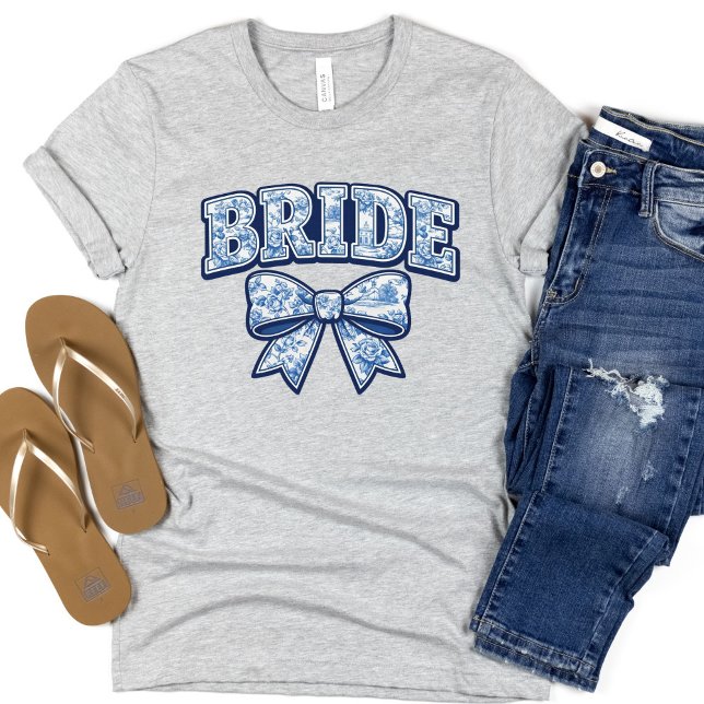 T-shirt Bride Blue Toile Coquette Bow (Bride Blue Toile Blue Coquette Bow T shirt. Engagement, Bridal shower Bride Gift)