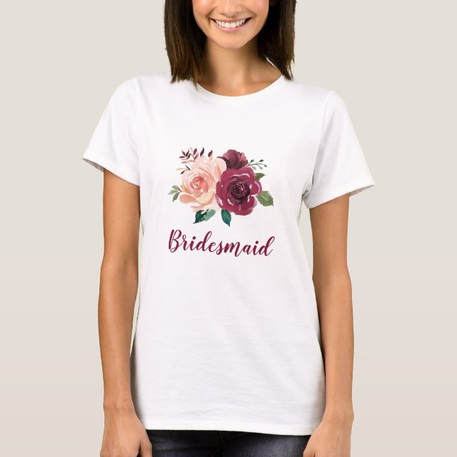 T-shirt Bridesmaid Floral Blush rose Bourgogne Mariage Ros (Devant)