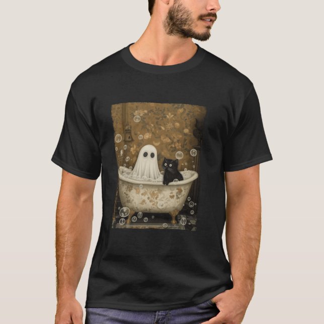 T-shirt Bubble Bath Ghost Chat Halloween Ghost Saison Éffr (Devant)