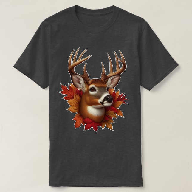 T-shirt Buck Deer entouré de feuilles d'automne (Design devant)