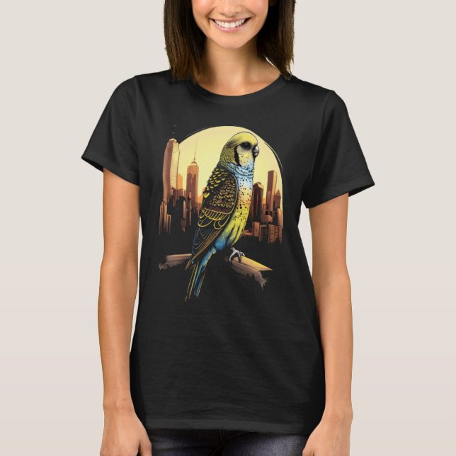 T-shirt Budgie Budgerigar Parakeet City Skyline Parrot Bir (Devant)