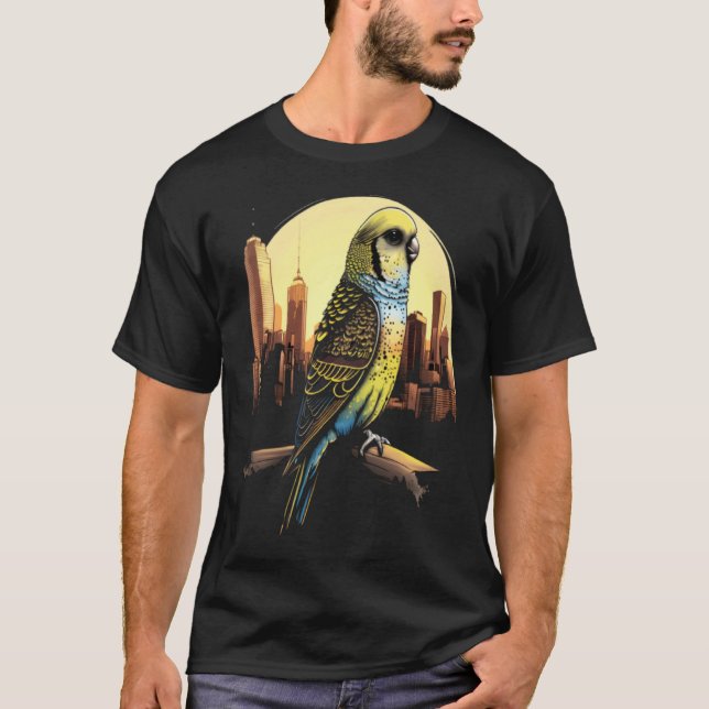T-shirt Budgie Budgerigar Parakeet City Skyline Parrot Bir (Devant)