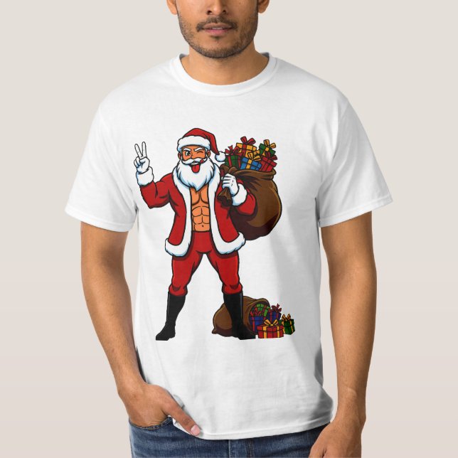 T-shirt Buff Santa Peace Sign! Ripped Abs & Funny Christma (Devant)