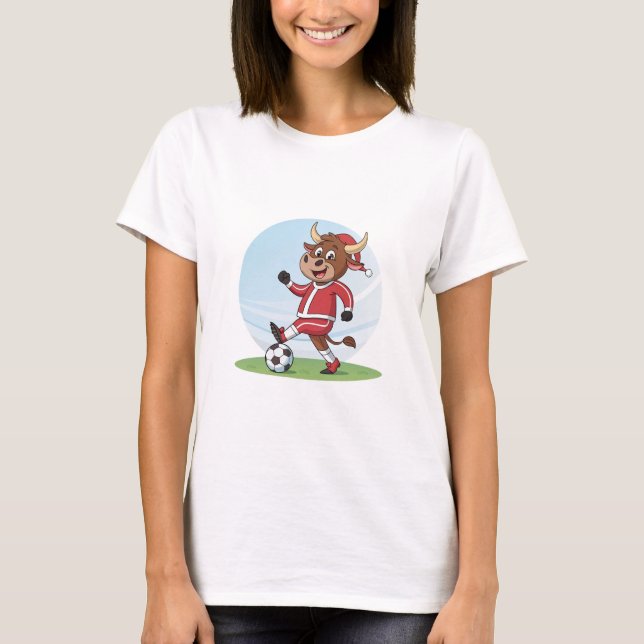 T-shirt Bull in Christmas costume and soccer ball (Devant)