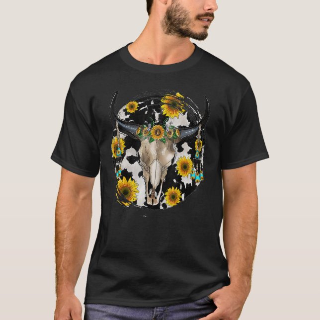 T-shirt Bull Skull Leopard Cowhide Sunflower Western (Devant)