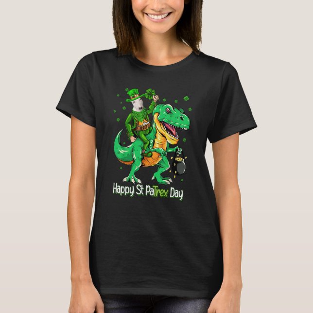 T-shirt Bull Terrier Riding Dinosaur Patricks Day Shamrock (Devant)