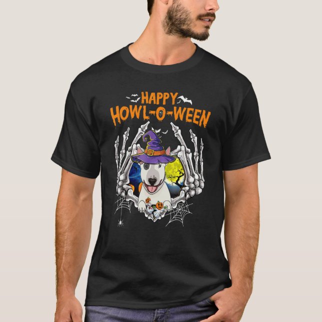T-shirt Bull Terrier Skeleton Heart Happy Howl O Ween Cost (Devant)