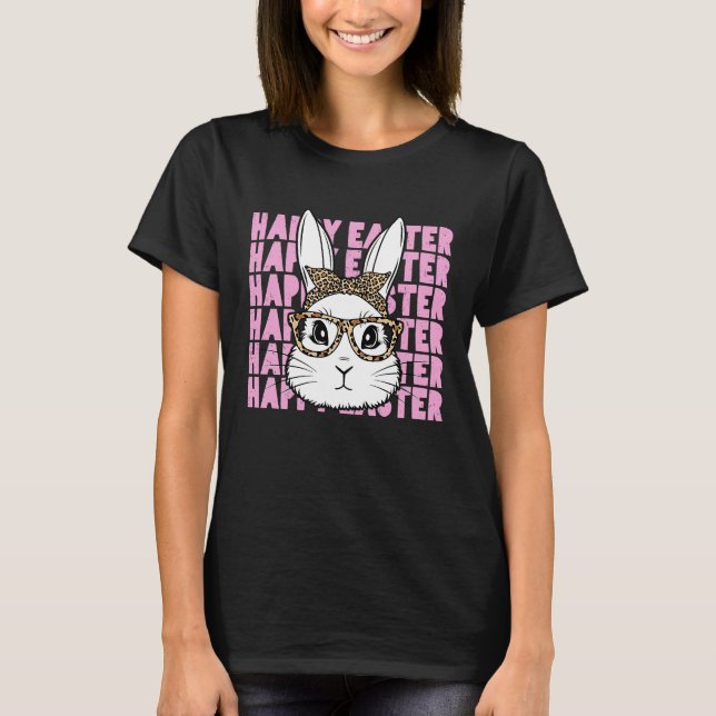 T-shirt Bunny Face Glasses Leopard Happy Easter Bunny Wome (Devant)