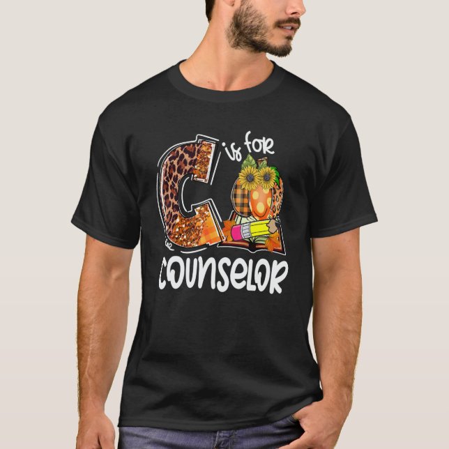 T-shirt C Is For Counselor Leopard Pumpkin Fall Thanksgivi (Devant)