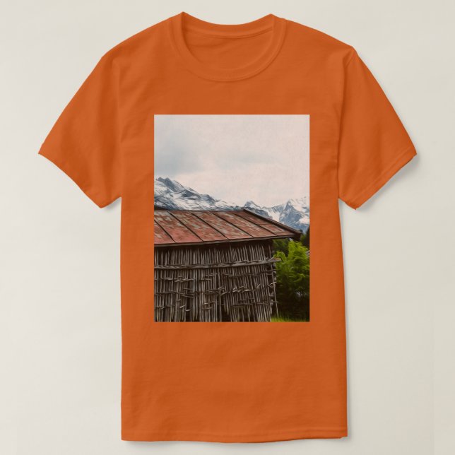 T-shirt Cabine Hut Wood Paysage Nature Mountains (Design devant)