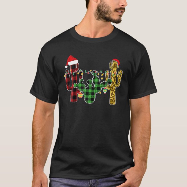 T-shirt Cactus Buffalo Plaid Leopard Christmas Matching (Devant)