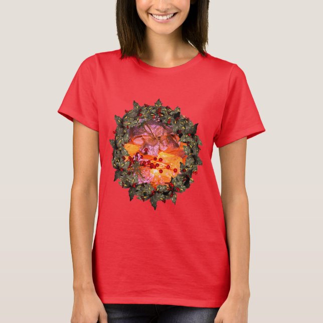 T-shirt Cadeau Bow Holly Wreath Noël (Devant)