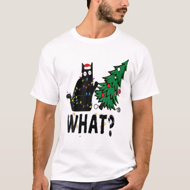 T-shirt Cadeau Chat Noir Poussant Arbre de Noël Sur Chat W (Devant)