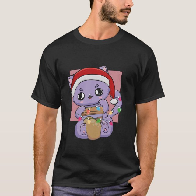 T-shirt Café Chat Kitten Anime Chibi Neko Mignonne Noël (Devant)