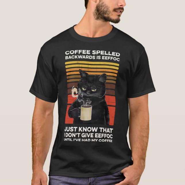 T-shirt Café épelé vers l'arrière est EEFFOC Chat noir en  (Devant)