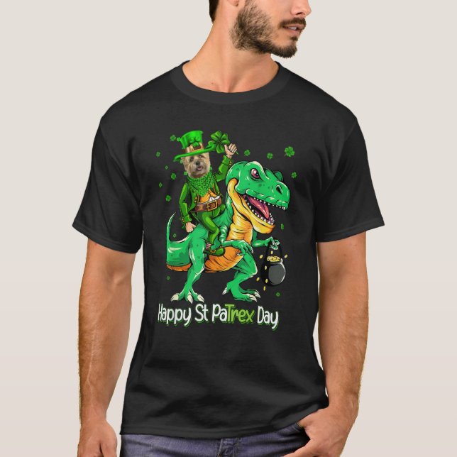 T-shirt Cairn Terrier Riding Dinosaur Patricks Day Shamroc (Devant)