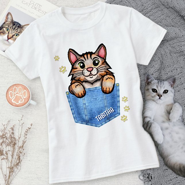 T-shirt Calico Chat à Faux Denim Poche avec nom personnali (Créateur téléchargé)