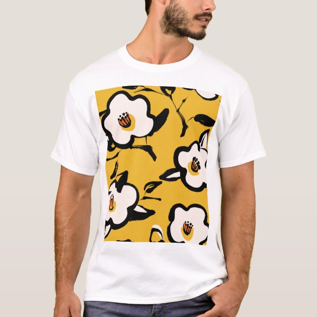 T-shirt Camélia jaune, floral démodé douteux. (Devant)
