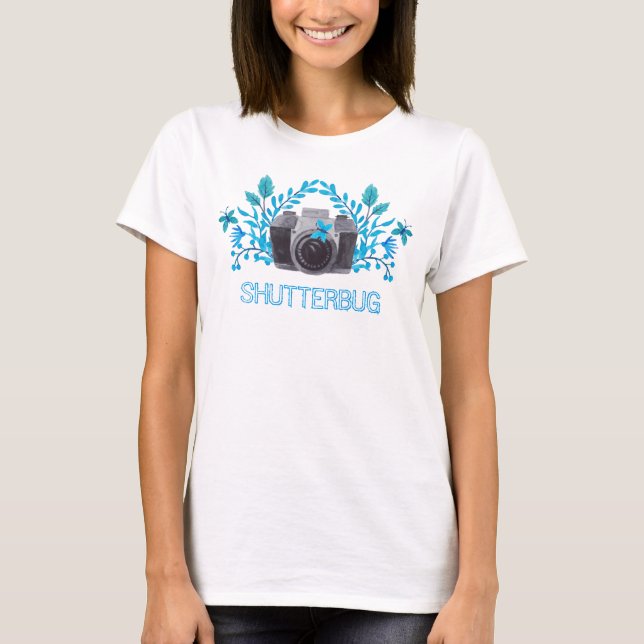 T-shirt Caméra Shutterbug Avec Feuilles Bleus Et Papillons (Devant)
