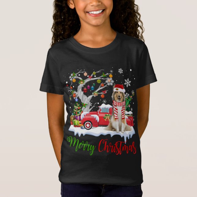 T-Shirt Camion Rouge Joyeux Arbre de Noël Shetland Sheepdo (Devant)