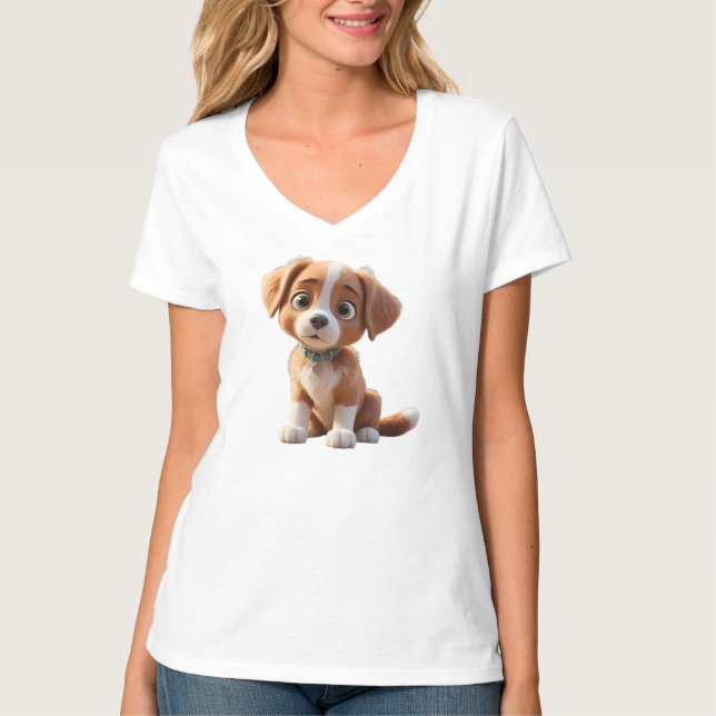 T-shirt Camiseta Feminina Básica Cão Gola em V 3D (Devant)