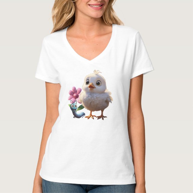 T-shirt Camiseta Feminina Básica Pintinho Gola em V 3D (Devant)