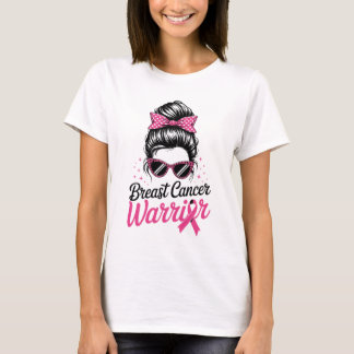 T-shirt Cancer du sein guerrier Messy Bun rose ruban