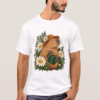 T-shirt Capybara de jardinage mignon avec des marguerites