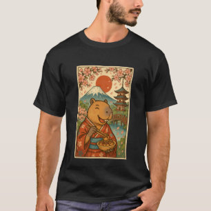 T-shirt Capybara mangeant des Tokoyaki en kimono Mont Fuji