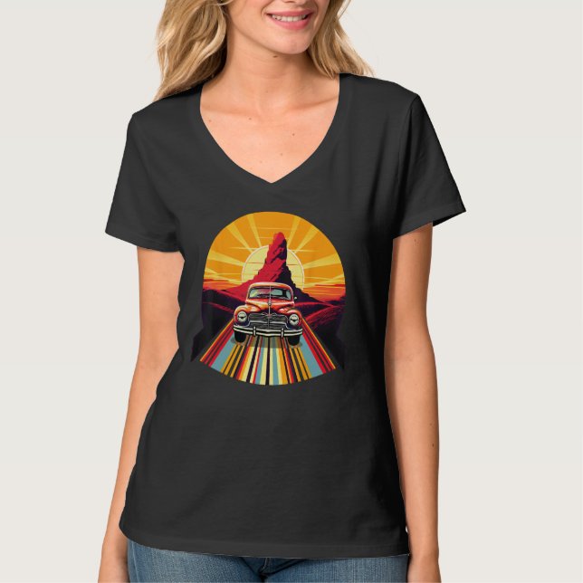 T-shirt Car Classic Retro Sunset Rays Wavy (Devant)