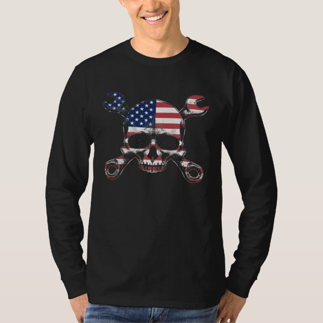 T-shirt Car Mechanic USA Flag Wrench Garage (Devant)