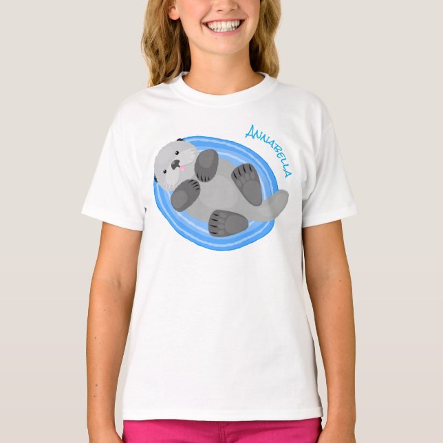 T-shirt Caricature bleu loutre de mer joyeux (Devant)