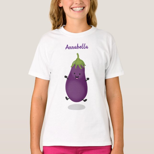 T-shirt Caricature d'aubergine d'aubergine joliment heureu (Devant)