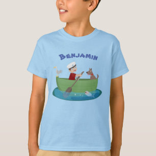 T-shirt Caricature de bateau à ramer garçon et chien migno