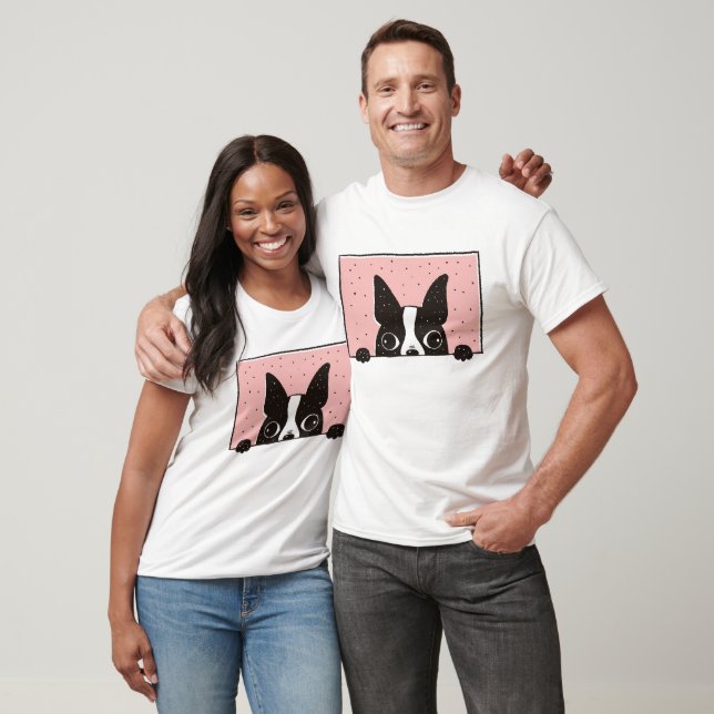 T-shirt Caricature de Boston Terrier à la fenêtre (Unisexe)