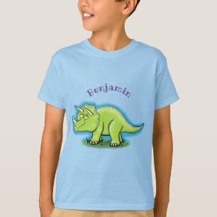 T-shirt Caricature de dinosaure de triceratops vert mignon