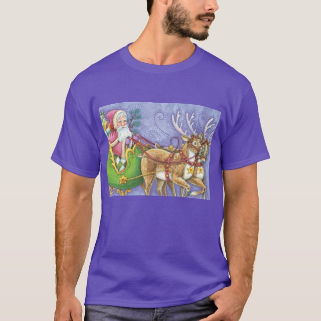 T-shirt Caricature de Noël Santa Claus Sleigh Reindeer (Devant)