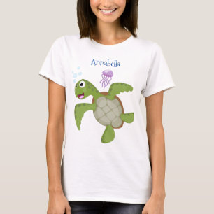 T-shirt Caricature joyeuse de tortue de mer verte mignonne