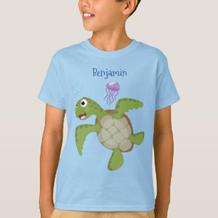 T-shirt Caricature joyeuse de tortue de mer verte mignonne