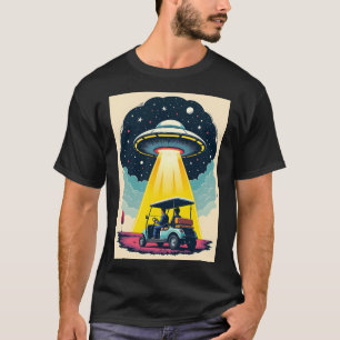 T-shirt Caricature Retro Sci Fi Rocket Ship and Golf Cart
