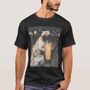 T-shirt Carlin buvant un café glacé mème drôle d'animal ch