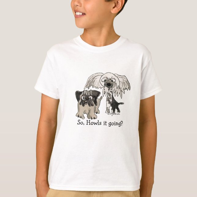 T-shirt Carlin de dessin animé et chiot chinois en cage (Devant)